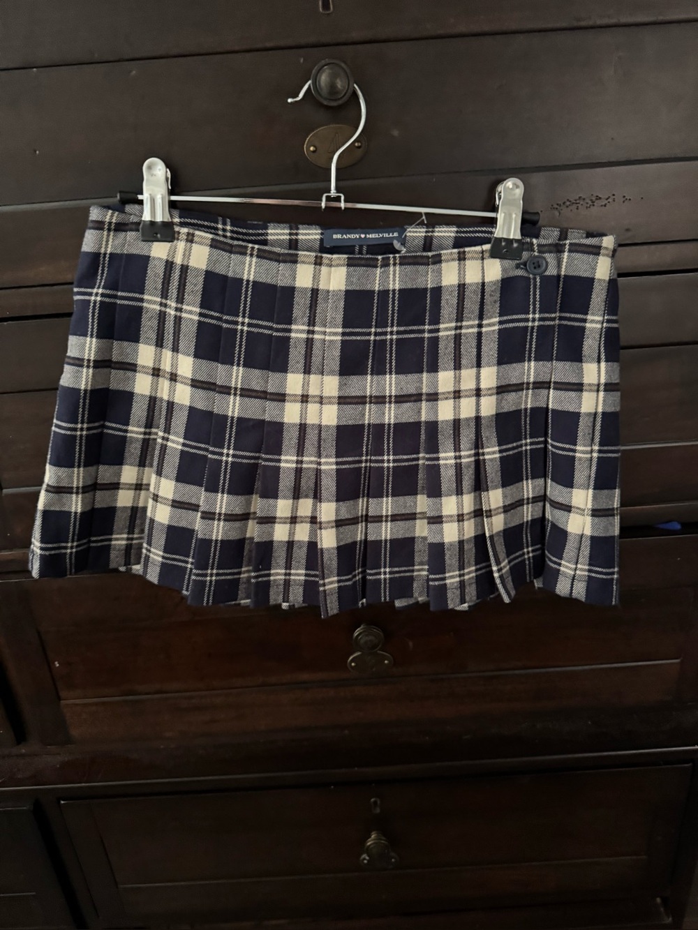 Brandy Melville Navy and Cream Plaid Pleated Mini Skirt